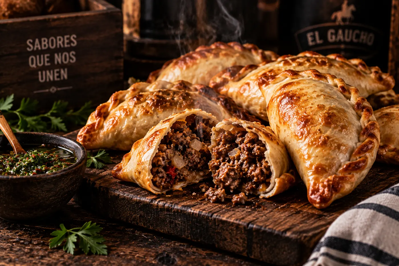 Empanadas argentinas recién horneadas, una abierta mostrando el relleno de carne